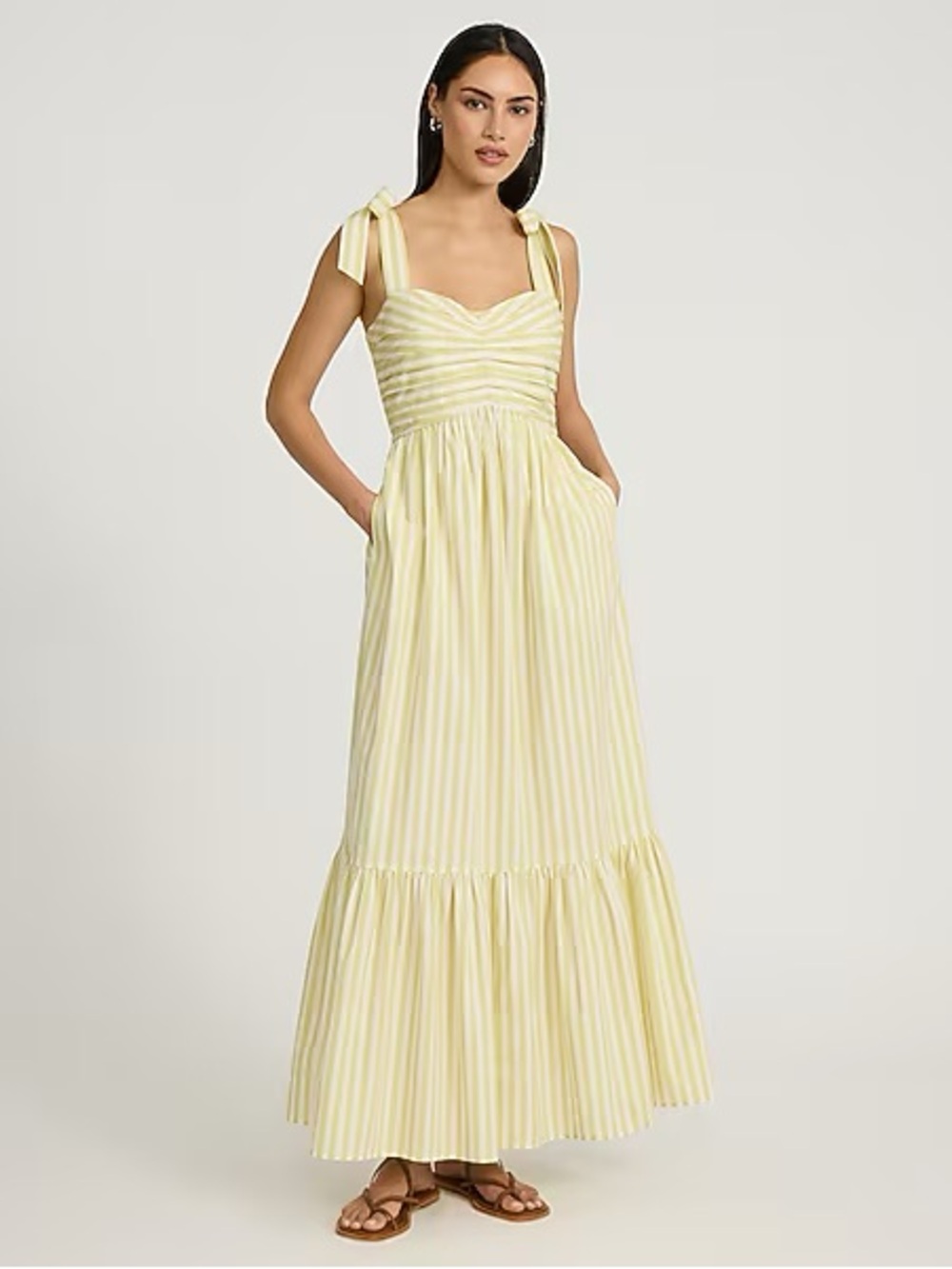 NWT Striped Pleated Sweetheart Tie Shoulder Tiered Maxi Dress
